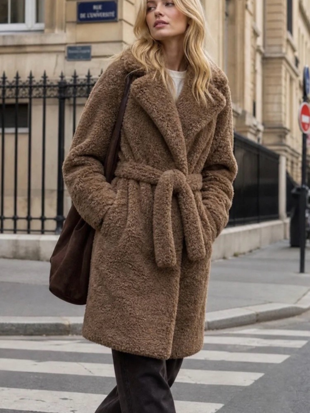 Something Navy Faux Fur Teddy Belted Coat in Brown